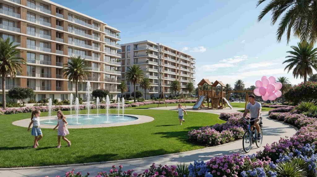 لقطة لمنطقة حمامات السباحة والمسطحات المائية المحاطة بالأشجار في قلب فيلاج دو لا كابيتال العاصمة الإدارية الجديدة.