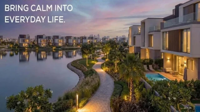 صف من الفيلات الفاخرة المطلة على البحيرات المائية داخل كمبوند لافيستا الباتيو جادي العاصمة
